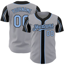 Load image into Gallery viewer, Custom Gray Light Blue-Black 3 Colors Arm Shapes Authentic Baseball Jersey

