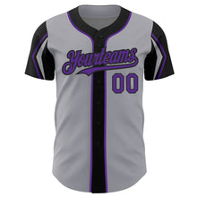 Laden Sie das Bild in den Galerie-Viewer, Custom Gray Purple-Black 3 Colors Arm Shapes Authentic Baseball Jersey
