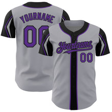 Laden Sie das Bild in den Galerie-Viewer, Custom Gray Purple-Black 3 Colors Arm Shapes Authentic Baseball Jersey
