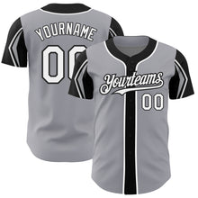 Load image into Gallery viewer, Custom Gray White-Black 3 Colors Arm Shapes Authentic Baseball Jersey
