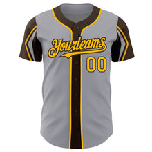 Load image into Gallery viewer, Custom Gray Gold-Brown 3 Colors Arm Shapes Authentic Baseball Jersey
