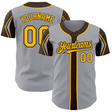 Load image into Gallery viewer, Custom Gray Gold-Brown 3 Colors Arm Shapes Authentic Baseball Jersey
