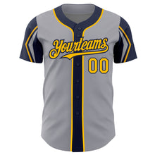 Load image into Gallery viewer, Custom Gray Gold-Navy 3 Colors Arm Shapes Authentic Baseball Jersey
