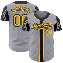 Load image into Gallery viewer, Custom Gray Gold-Navy 3 Colors Arm Shapes Authentic Baseball Jersey
