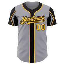 Load image into Gallery viewer, Custom Gray Gold-Black 3 Colors Arm Shapes Authentic Baseball Jersey
