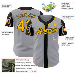 Custom Gray Gold-Black 3 Colors Arm Shapes Authentic Baseball Jersey