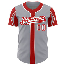 Load image into Gallery viewer, Custom Gray White-Red 3 Colors Arm Shapes Authentic Baseball Jersey
