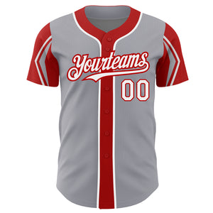 Custom Gray White-Red 3 Colors Arm Shapes Authentic Baseball Jersey