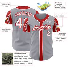 Load image into Gallery viewer, Custom Gray White-Red 3 Colors Arm Shapes Authentic Baseball Jersey
