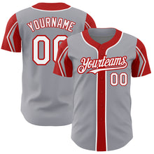 Laden Sie das Bild in den Galerie-Viewer, Custom Gray White-Red 3 Colors Arm Shapes Authentic Baseball Jersey
