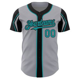 Custom Gray Teal-Black 3 Colors Arm Shapes Authentic Baseball Jersey