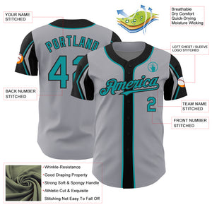 Custom Gray Teal-Black 3 Colors Arm Shapes Authentic Baseball Jersey
