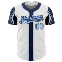 Laden Sie das Bild in den Galerie-Viewer, Custom White Light Blue-Navy 3 Colors Arm Shapes Authentic Baseball Jersey
