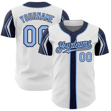 Загрузить изображение в средство просмотра галереи, Custom White Light Blue-Navy 3 Colors Arm Shapes Authentic Baseball Jersey
