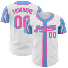 Laden Sie das Bild in den Galerie-Viewer, Custom White Pink-Light Blue 3 Colors Arm Shapes Authentic Baseball Jersey
