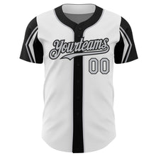 Laden Sie das Bild in den Galerie-Viewer, Custom White Gray-Black 3 Colors Arm Shapes Authentic Baseball Jersey
