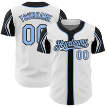 Laden Sie das Bild in den Galerie-Viewer, Custom White Light Blue-Black 3 Colors Arm Shapes Authentic Baseball Jersey
