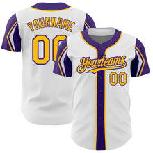 Laden Sie das Bild in den Galerie-Viewer, Custom White Gold-Purple 3 Colors Arm Shapes Authentic Baseball Jersey
