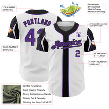 Laden Sie das Bild in den Galerie-Viewer, Custom White Purple-Black 3 Colors Arm Shapes Authentic Baseball Jersey
