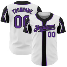 Laden Sie das Bild in den Galerie-Viewer, Custom White Purple-Black 3 Colors Arm Shapes Authentic Baseball Jersey
