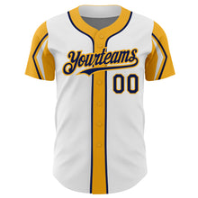 Laden Sie das Bild in den Galerie-Viewer, Custom White Navy-Gold 3 Colors Arm Shapes Authentic Baseball Jersey
