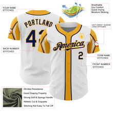 Laden Sie das Bild in den Galerie-Viewer, Custom White Navy-Gold 3 Colors Arm Shapes Authentic Baseball Jersey
