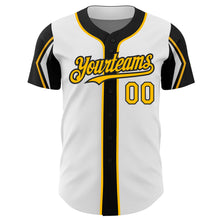 Laden Sie das Bild in den Galerie-Viewer, Custom White Gold-Black 3 Colors Arm Shapes Authentic Baseball Jersey
