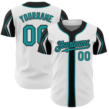 Custom White Teal-Black 3 Colors Arm Shapes Authentic Baseball Jersey