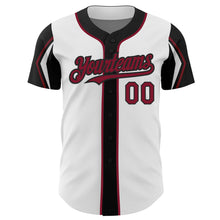 Laden Sie das Bild in den Galerie-Viewer, Custom White Crimson-Black 3 Colors Arm Shapes Authentic Baseball Jersey
