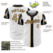 Laden Sie das Bild in den Galerie-Viewer, Custom White Old Gold-Black 3 Colors Arm Shapes Authentic Baseball Jersey
