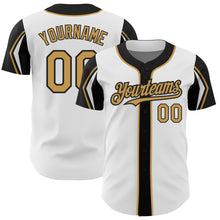 Laden Sie das Bild in den Galerie-Viewer, Custom White Old Gold-Black 3 Colors Arm Shapes Authentic Baseball Jersey
