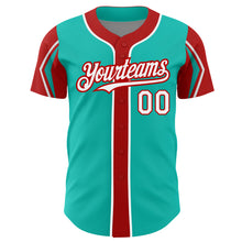 Load image into Gallery viewer, Custom Aqua White-Red 3 Colors Arm Shapes Authentic Baseball Jersey
