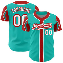 Load image into Gallery viewer, Custom Aqua White-Red 3 Colors Arm Shapes Authentic Baseball Jersey
