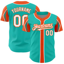 Load image into Gallery viewer, Custom Aqua White-Orange 3 Colors Arm Shapes Authentic Baseball Jersey
