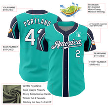 Load image into Gallery viewer, Custom Aqua White-Navy 3 Colors Arm Shapes Authentic Baseball Jersey
