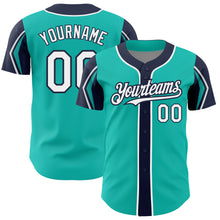 Load image into Gallery viewer, Custom Aqua White-Navy 3 Colors Arm Shapes Authentic Baseball Jersey
