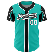 Load image into Gallery viewer, Custom Aqua White-Black 3 Colors Arm Shapes Authentic Baseball Jersey
