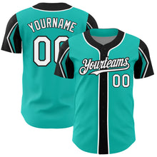Load image into Gallery viewer, Custom Aqua White-Black 3 Colors Arm Shapes Authentic Baseball Jersey
