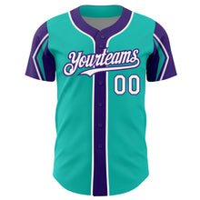 Load image into Gallery viewer, Custom Aqua White-Purple 3 Colors Arm Shapes Authentic Baseball Jersey
