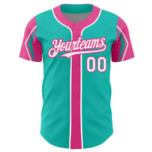 Load image into Gallery viewer, Custom Aqua White-Pink 3 Colors Arm Shapes Authentic Baseball Jersey
