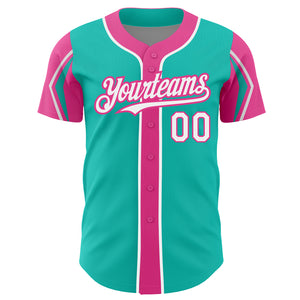 Custom Aqua White-Pink 3 Colors Arm Shapes Authentic Baseball Jersey