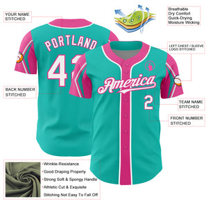 Custom Aqua White-Pink 3 Colors Arm Shapes Authentic Baseball Jersey