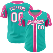 Load image into Gallery viewer, Custom Aqua White-Pink 3 Colors Arm Shapes Authentic Baseball Jersey
