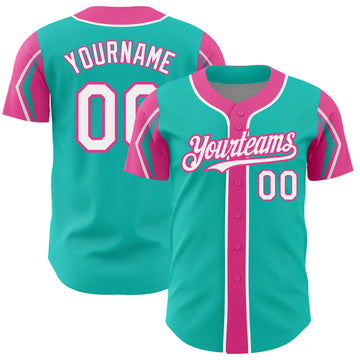 Custom Aqua White-Pink 3 Colors Arm Shapes Authentic Baseball Jersey