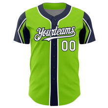 Load image into Gallery viewer, Custom Neon Green White-Navy 3 Colors Arm Shapes Authentic Baseball Jersey
