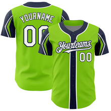 Laden Sie das Bild in den Galerie-Viewer, Custom Neon Green White-Navy 3 Colors Arm Shapes Authentic Baseball Jersey

