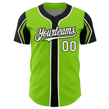 Load image into Gallery viewer, Custom Neon Green White-Black 3 Colors Arm Shapes Authentic Baseball Jersey
