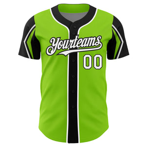 Custom Neon Green White-Black 3 Colors Arm Shapes Authentic Baseball Jersey