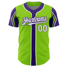 Load image into Gallery viewer, Custom Neon Green White-Purple 3 Colors Arm Shapes Authentic Baseball Jersey

