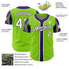 Laden Sie das Bild in den Galerie-Viewer, Custom Neon Green White-Purple 3 Colors Arm Shapes Authentic Baseball Jersey
